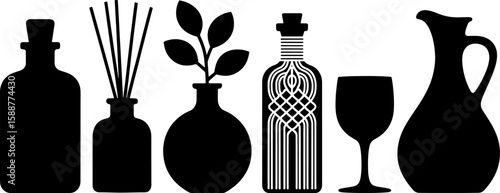 Boho style interior silhouette vector bundle: objects and elements
