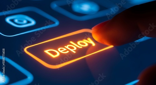 Finger pressing glowing orange deploy button on futuristic digital interface screen