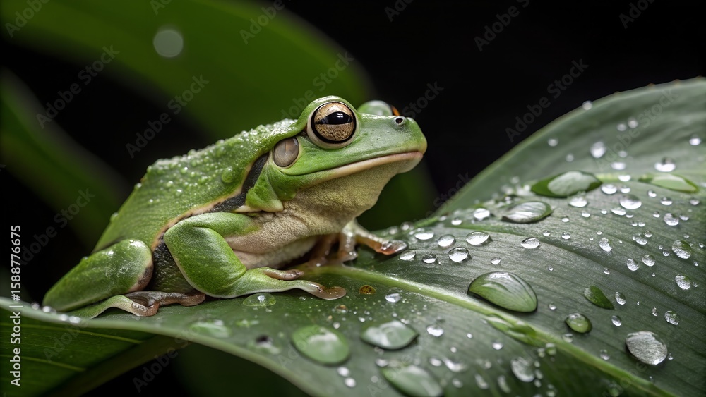 Obraz premium Macro Closeup of a Green Frog Relaxing on Leaf with Water Droplets on a Black Background.