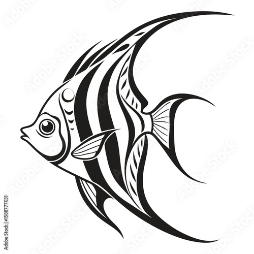 Black and white angelfish illustration isolated on white background