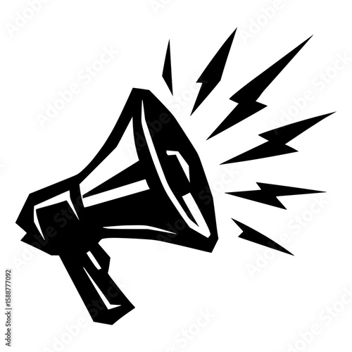 Black megaphone vector icon with bold sound rays, representing marketing, announcements, loudspeaker, and communication concepts