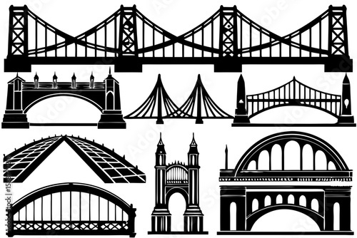 A detailed illustration of various bridge types, including suspension, arch, and truss designs, using black silhouettes