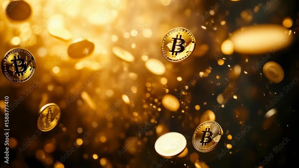 Falling bitcoin and ethereum coins amidst golden glow in a digital currency rainstorm