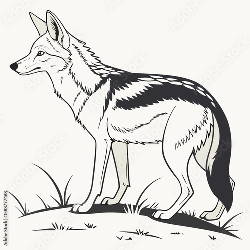 A black and white illustration of a jackal standing on grass