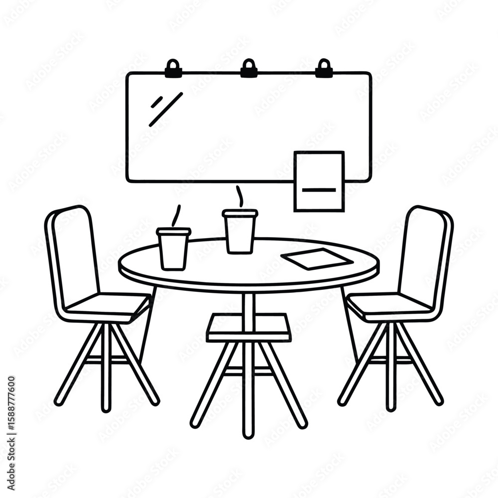 Fototapeta premium Cafe Table Setting with Chairs, Cups, and a Board