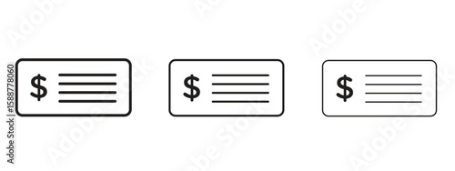 Cheque icon thin line symbol on white background, editable stroke vector illustration