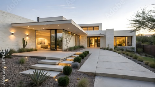 Modern Minimalist Luxury House Exterior with Desert Landscaping at Sunset