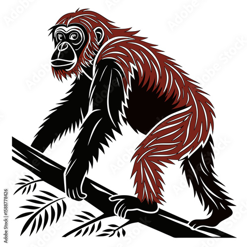 An orangutan with red fur climbing a tree branch