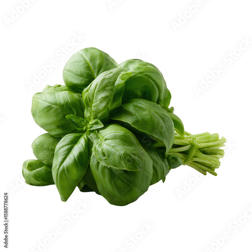 Fresh basil leaves bunch, vibrant green color, perfect for culinary use, isolated on white background.