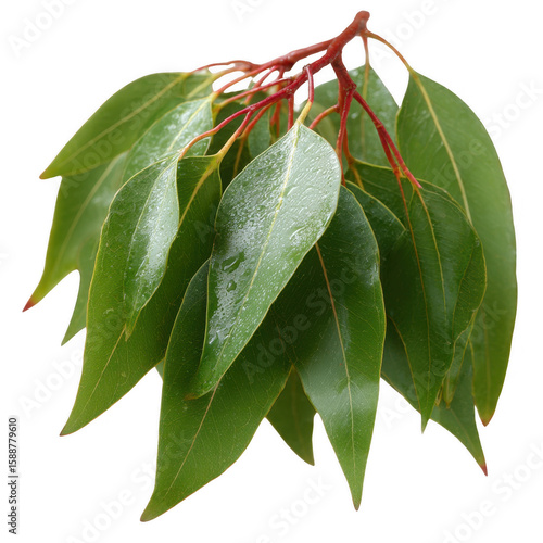Fresh green bay leaves with a vivid texture, showcasing their natural sheen and detailed veins, isolated on a white background for culinary or decorative use.