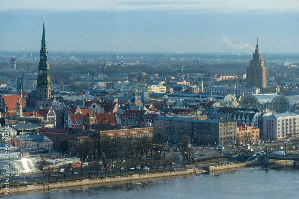 Fototapeta premium Aerial Panorama of Riga, Latvia – Stunning Bird’s Eye View of the Baltic Capital