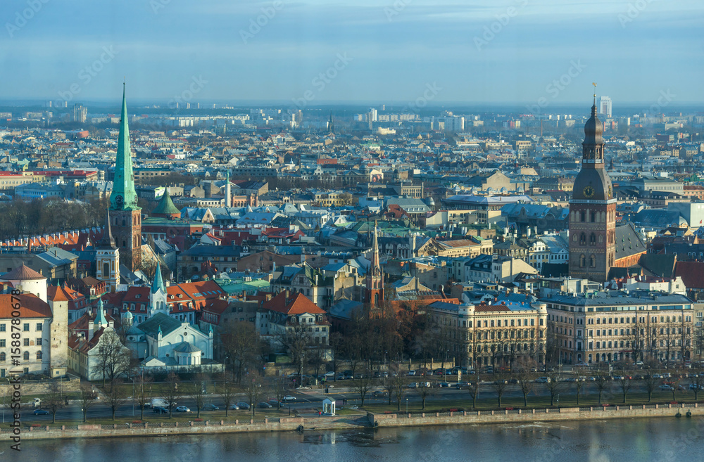 Obraz premium Aerial Panorama of Riga, Latvia – Stunning Bird’s Eye View of the Baltic Capital