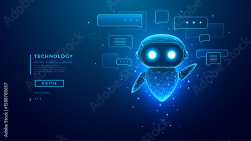 Hologram of AI Robot or Chatbot with Speech Bubbles on Technology Blue Background. AI Chat Bot Mascot. Low Poly Wireframe Tech Bg. Support Assistant Virtual Character. Digital Vector Illustration.
