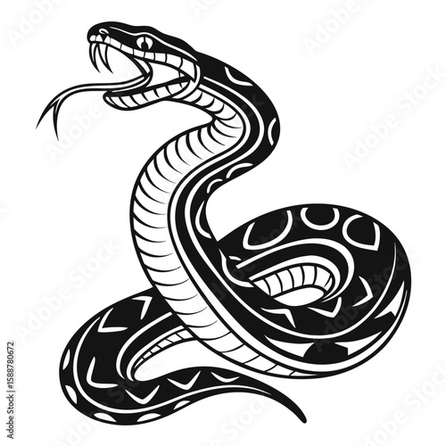 A striking black and white tribal snake illustration