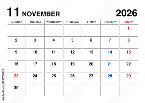 2026年11月のカレンダー月曜始まり