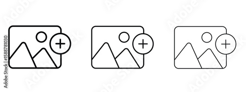 Add photos icon thin line symbol on white background, editable stroke vector illustration