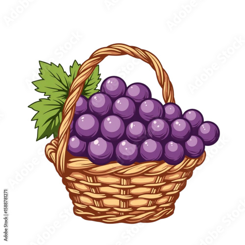 Basket of grapes with green leaves symbolizing winemaking concept on a transparent background 