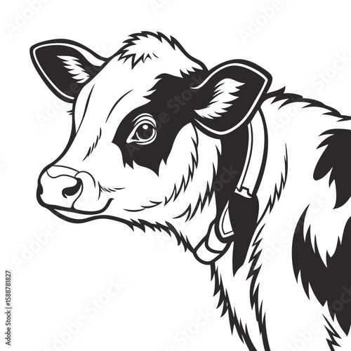 A stylized portrait of a cute young cow calf with a collar