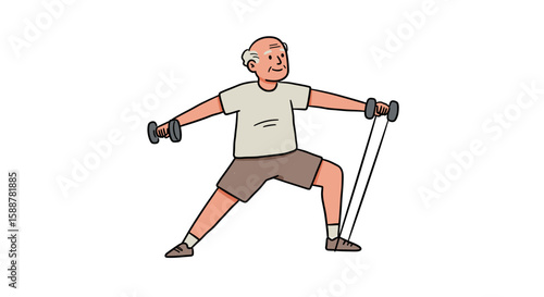 Active senior man exercising with weights and resistance band in illustration  
