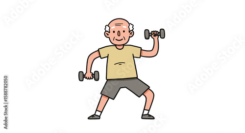 Active senior man exercising with dumbbells in a flat vector style  
