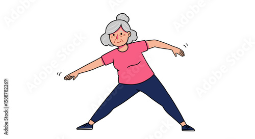 Active senior woman exercising with a joyful expression in flat style  
