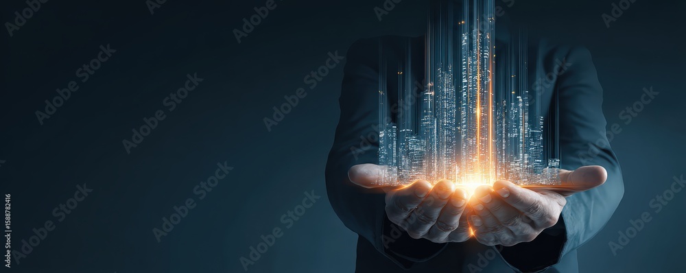 Obraz premium A person in a suit holds a glowing digital cityscape of skyscrapers and data streams, symbolizing technology and innovation.