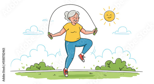 Active senior woman skipping rope outdoors in sunny weather  