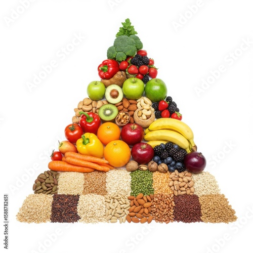 Healthy food pyramid with fruits vegetables nuts and grains