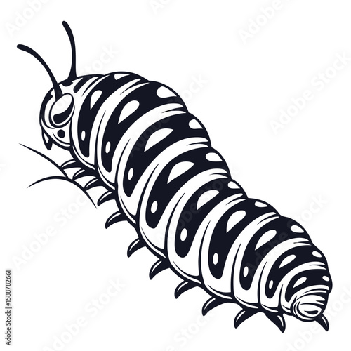 Black and white stylized illustration of a caterpillar