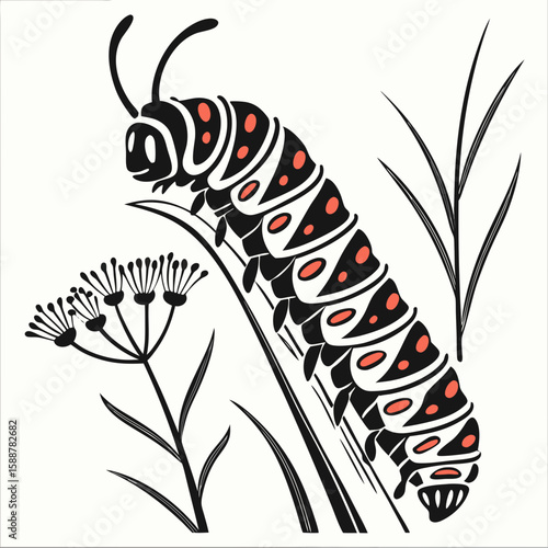 A caterpillar crawls on a plant stem with red spots
