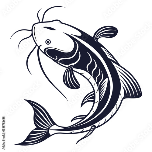 A stylized catfish swims with its barbels extended