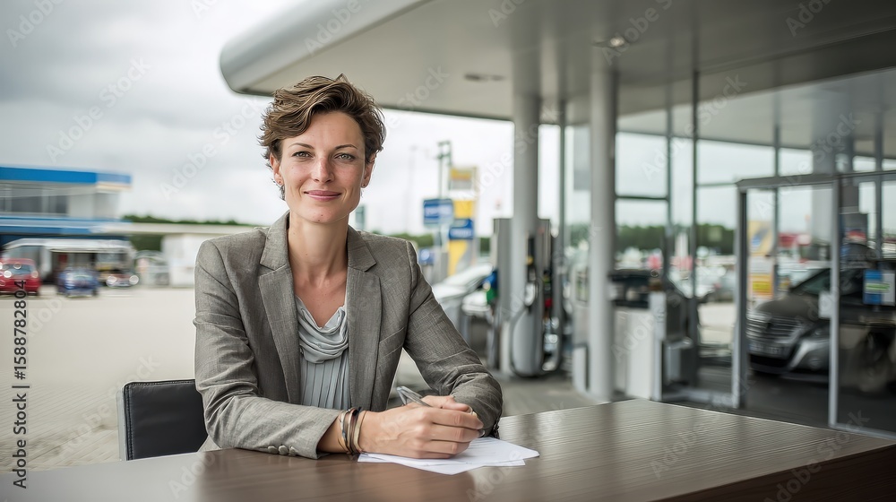 A professional woman in a gray blazer sits confidently at a table outside a gas station, smiling toward the camera. A professional woman in a gray blazer sits confidently at a table outside a gas station, smiling toward the camera.