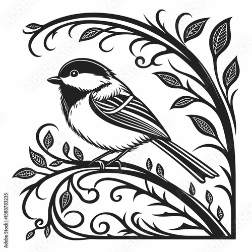 Bird perched on a branch with leaves isolated on white background