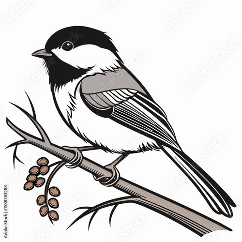 Bird perched on a branch with berries isolated on white background