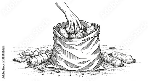 Vintage retro sketch of an eco-activist's hand collecting plastic bottles on a sandy beach – a hand drawn black and white vector doodle illustration, engraving or woodcut svg

