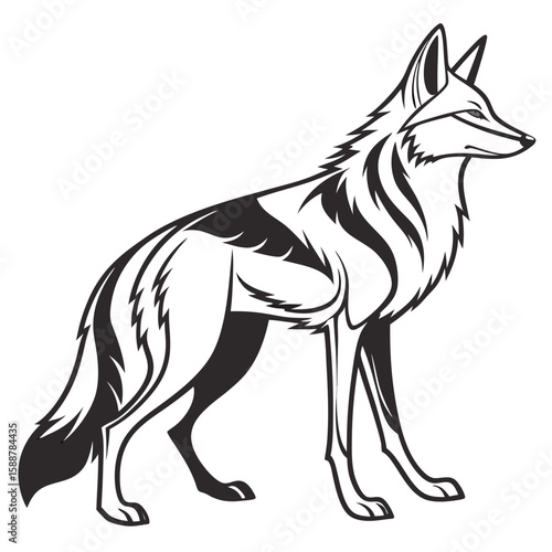 A stylized jackal standing alert on a white background