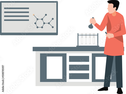 A chemist is doing experiments according to the formulas.