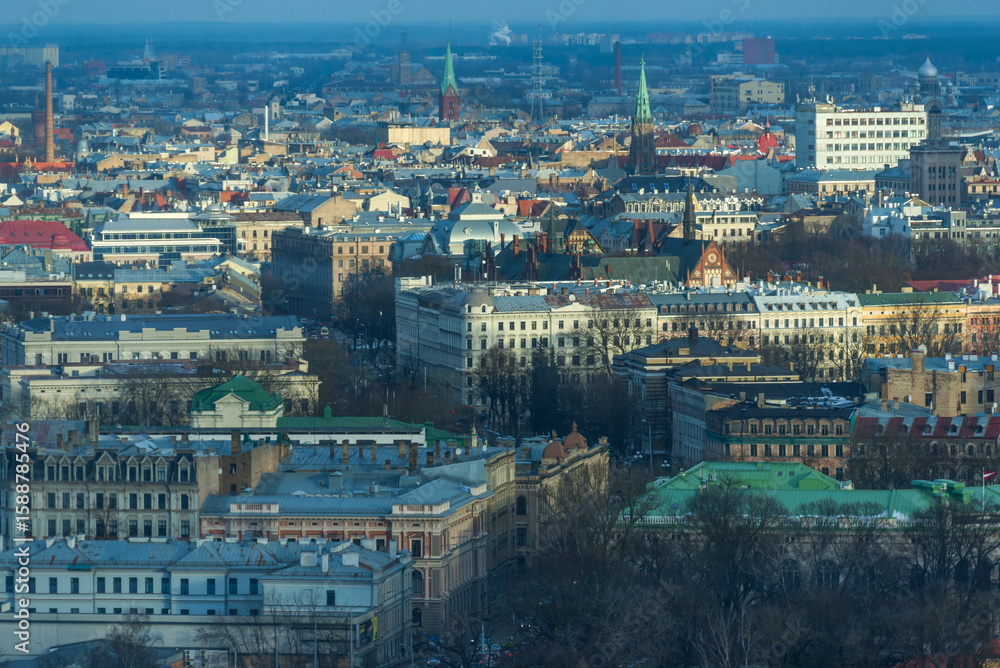 Obraz premium Aerial Panorama of Riga, Latvia – Stunning Bird’s Eye View of the Baltic Capital