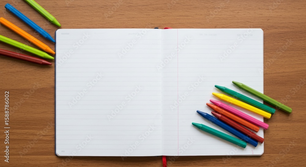 Obraz premium Creative workspace featuring open notebook and colorful crayons on wooden surface
