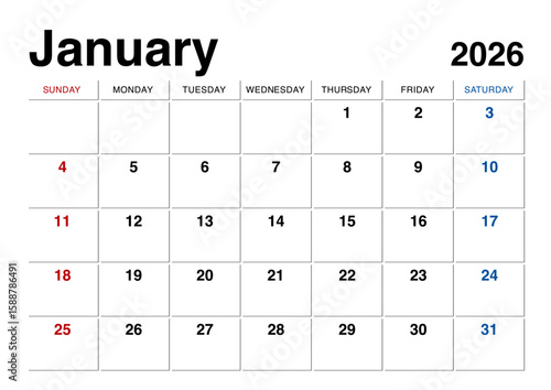2026年1月のカレンダー日曜始まり 日本の祝日表記無し