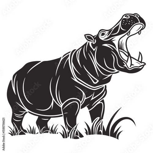 A stylized black and white illustration of a yawning hippopotamus