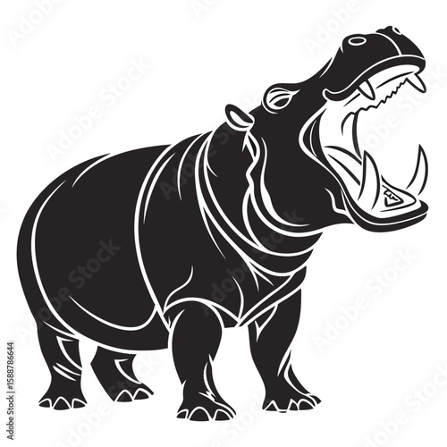 A stylized black and white illustration of a yawning hippopotamus