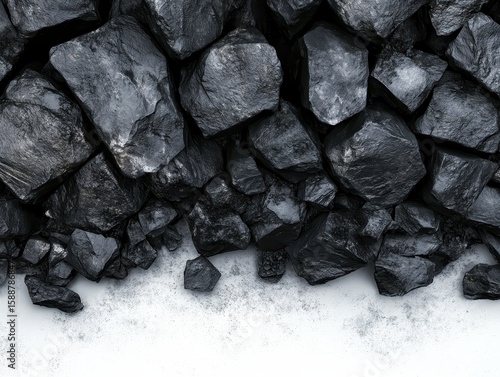 Dark, Rough, Textured Black Rocks on White Background.