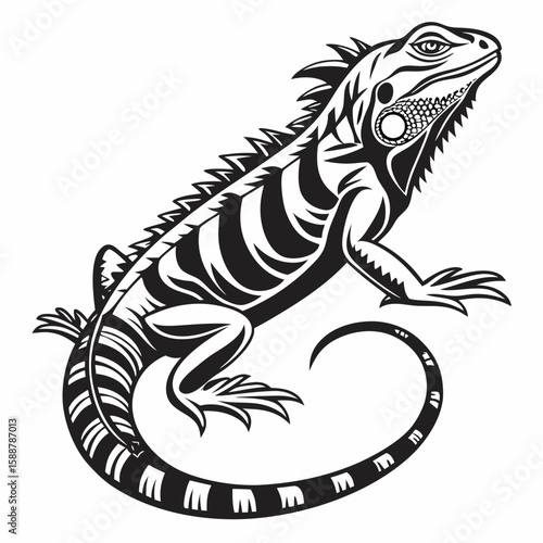 Ornate iguana with stylized patterns and curled tail