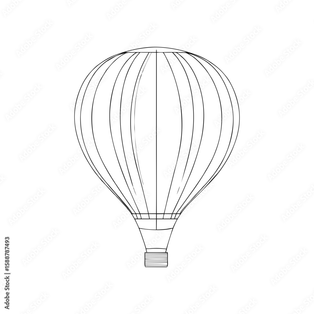 Obraz premium Hot air balloon side view in elegant black line doodle for travel inspiration, adventure posters, childhood dreams or summer celebration designs on transparent background