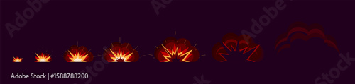 Explosion blast animation sprite sheet icon cartoon comic element sequence vector for war game graphic illustration set, 2d bomb detonation implosion ignite effect image clip art modern design
