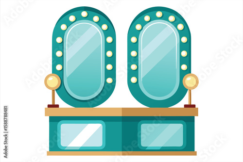 A teal vanity table with two oval mirrors illuminated by bulbs, and two rectangular drawers below