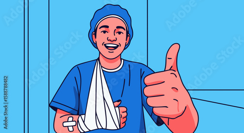Patient with Arm Injury Giving Thumbs Up in Hospital Setting for Health Awareness Campaigns, Medical Blogs, Motivational Content, and Patient Support Resources  