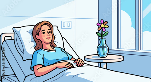Patient lying in hospital bed, looking serene, enjoying moment. Patient is resting in hospital bed near window with blue sky, vase with flower gives mood. Patient in hospital bed is hopeful,