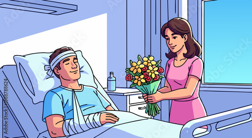 Hospital visit showing recovery with injured man in hospital bed getting bouquet of flowers. Hospital visit includes hopeful smile, injury recovery, and sympathy in hospital room.